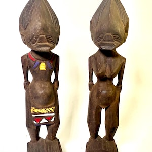 Hand-Carved African Fertility Statues – Female Tribal Figurines – Rustic Wood Sculpture Pair