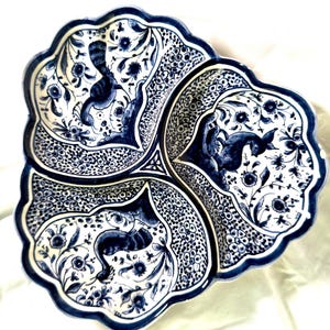 Vintage Faianças de Coimbra Portugal Tri-Section Ceramic Dish – Hand Painted Blue & White Animal Motif Plate