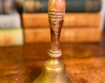 Vintage Brass Hand Bell with Turned Wood Handle | Mid-Century Service Bell | Desk, School, or Shop Decor