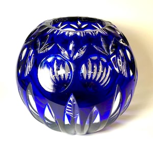 Bamberg Cobalt Cut Crystal Rose Bowl – Vintage Bohemian Glass, 6”