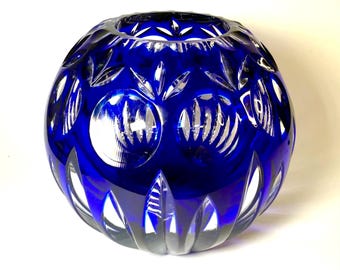Cobalt Blue Cut to Clear Crystal Rose Bowl, Vintage Bohemian Czech Glass, Heavy Hand-Cut Centerpiece, 6”