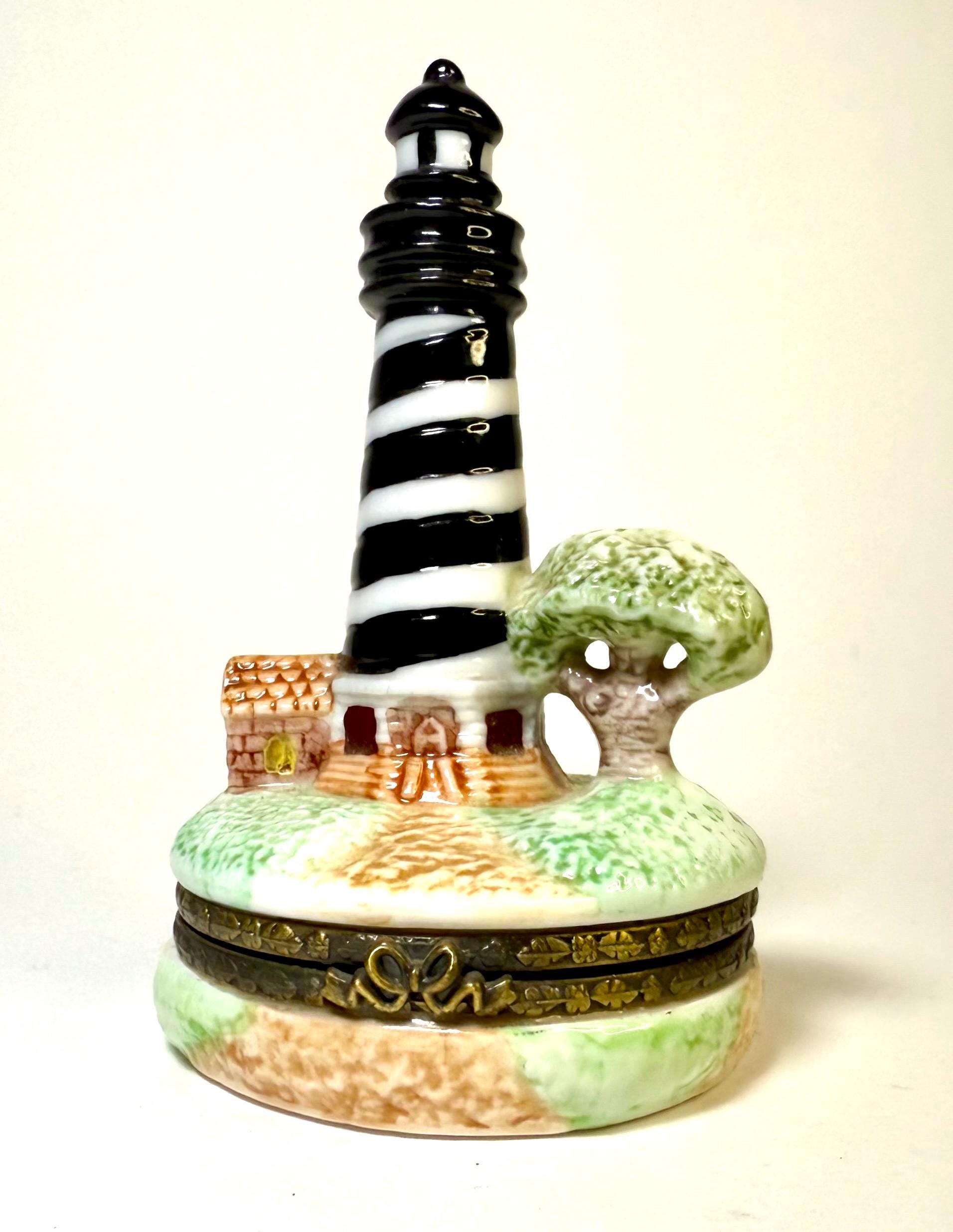 Mini Lighthouse Limoges-Style Trinket Box | Hand-Painted Porcelain Hinged Box | Nautical Keepsake