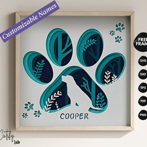 Caja de sombras con forma de pata de perro en 3D con nombre personalizado, arte en papel en capas, archivos para Cricut y Silhouette con instrucciones sencillas