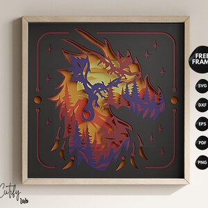 Boîte 3D dragon, château 3D, svg 3D forêt, boîte lumineuse feu, papier cartonné en couches découpé pour Cricut, modèle DIY SVG Shadow Box