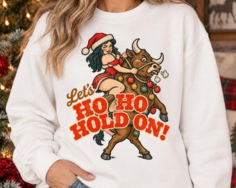 Christmas Cowgirl PNG, Retro Pinup Bull Rider, Let's Ho Ho Hold On
