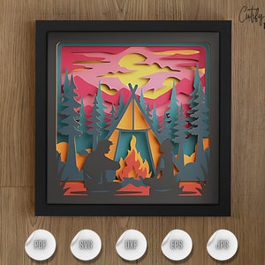 Cena de acampamento 3D SVG Shadow Box Layered Campfire e Tent Art, Decoração de caixa de luz de madeira, DIY Outdoor Paper Cut, Modelo de caixa de sombra Cricut,