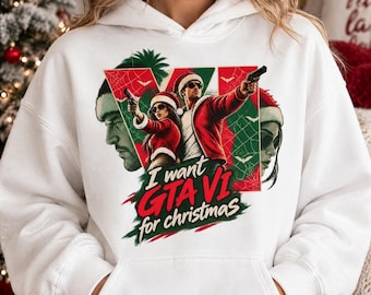 Armed Santa Couple PNG, Retro Christmas Action Movie Poster Design