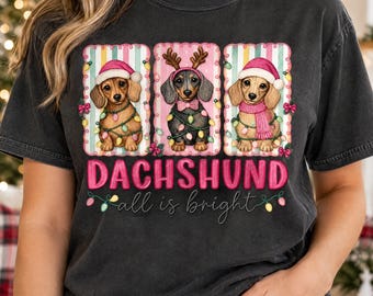 Christmas Dachshund PNG, All Is Bright Dog Trio with Holiday Lights, Christmas Dog PNG