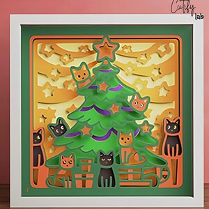 Weihnachten Cricut Projekt, Katze Überschlag Weihnachtsbaum Schattenbox SVG, Lustiges Katzengeschenk, 3D Schicht SVG für Silhouette