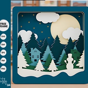 Kerst Winter 3D-papier gesneden sjabloon Light Box SVG Digitaal, Merry Christmas Shadow Box/Lightbox Scène 3D gelaagd