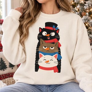 Christmas Cats PNG, Funny Stacked Trio with Carrot Noses, Scarves and Top Hat