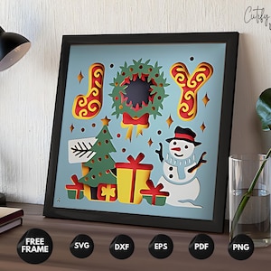 Caja de sombras 3D SVG de Navidad JOY, Caja de sombras navideña 3D de muñeco de nieve, Archivos de corte de papel en capas SVG, Plantillas en capas 3D navideñas para Cricut.