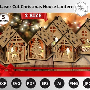 Cinco lámparas de casa navideñas cortadas con láser, linternas de noche, linternas de ciervo, decoración, centro de mesa, pantalla de lámpara, portavelas, descarga digital.