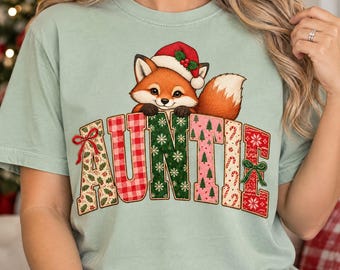 Christmas Auntie PNG, Cute Fox in Santa Hat with Festive Patterned Letters