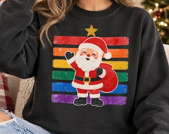 Rainbow Santa PNG, Cute Christmas Design with Gift Sack and Gold Star