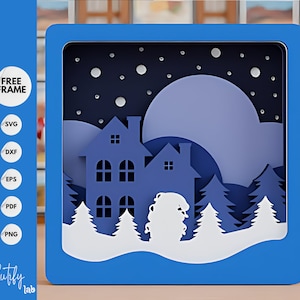 Kerst Winter 3D-papier gesneden sjabloon Light Box SVG Digitaal, Merry Christmas Shadow Box/Lightbox Scène 3D gelaagd