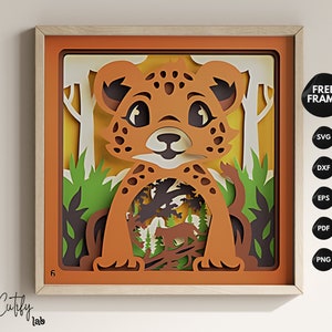 Guépard 3D 8 x 8 Shadow Box SVG, scène d'animaux de safari en couches, art de la jungle découpé en papier bricolage, modèle Cricut Shadow Box, caisson lumineux en bois