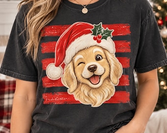 Christmas Golden Retriever PNG, Winking Puppy With Santa Hat and Holly