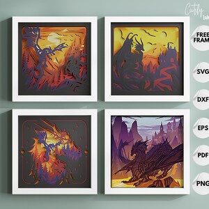Bundle de boîte à ombres Dragon 3D 8 x 8 avec château 3D en forêt 3D svg, caisson lumineux de feu, papier cartonné en couches découpé pour Cricut, boîte d'ombre bricolage SVG