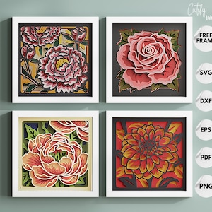 Bloemenbundel 3D SVG 8 x 8 Shadow Box cadeau, Valentine DIY 3D SVG lightbox, gelaagd karton papierproject voor Cricut
