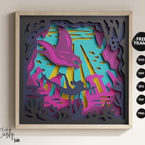 Caixa de sombra 3d manta ray svg, cena oceânica em camadas, papel cortado de vida marinha, decoração marinha faça você mesmo, modelo de caixa de luz subaquática, projeto cricut