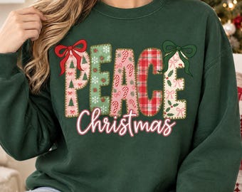 Peace Christmas PNG, Patchwork Holiday Lettering with Festive Bows