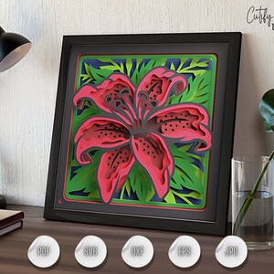 Plantilla de caja de sombra SVG de ramo de flores, proyecto de papel de cartulina en capas para Cricut, flores en caja de sombra SVG 3D de Vase3D