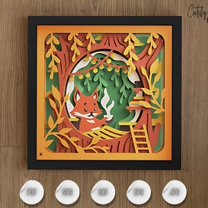 Fox in the Forest 3D SVG Shadow Box, Cena de animal da floresta em camadas, Arte da floresta cortada em papel faça você mesmo, Modelo de caixa de sombra Cricut, Caixa de luz de madeira
