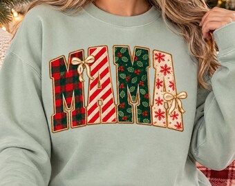 Weihnachtsmama PNG, Patchwork-Imitation mit Karomuster, Stechpalme und Schneeflocken