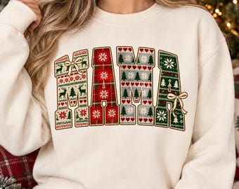 Christmas Mama PNG, Ugly Sweater Lettering with Bows and Reindeer