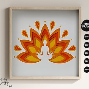Yoga Buddha Shadow Box 3D SVG lotusbloem, Boeddha papier gesneden bestanden, yoga gelaagde sjabloon 3D-lichtbak.