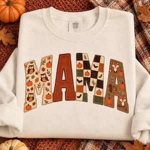 MAMA PNG Halloween, Autumn Patchwork Letters with Pumpkins and Woodland Animals