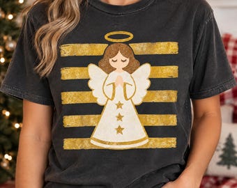 Praying Christmas Angel PNG, Gold Glitter Striped Holiday Design