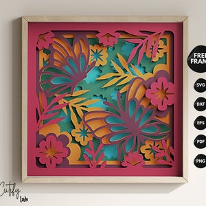 Jardin des papillons 3D Shadow Box SVG, scène florale en couches, art papillon bricolage papier découpé, modèle Cricut Shadow Box, caisson lumineux en bois