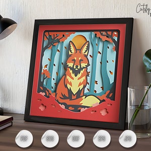 Renard dans la forêt 3D SVG Shadow Box, scène d'animaux des bois en couches, art de la forêt en papier découpé pour bricolage, modèle Cricut Shadow Box, caisson lumineux en bois