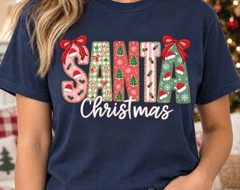 Santa Christmas PNG, Patchwork Lettering with Bows and Festive Patterns