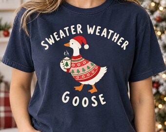 Sweater Weather Goose PNG, Festive Bird in Christmas Sweater with Hot Cocoa