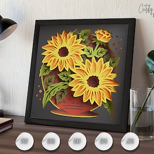 Modèle de boîte à fleurs SVG Bouquet de tournesols, projet de papier cartonné en couches pour Cricut, fleurs dans un vase 3D SVG Shadowbox