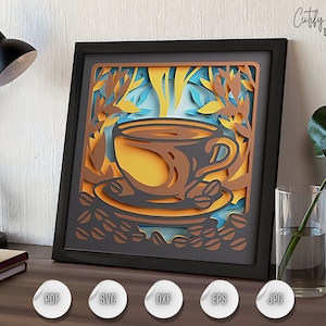 Tasse à café 3D SVG Shadow Box Art café en couches, café du matin papier découpé, modèle DIY Cricut Shadow Box, décoration de caisson lumineux en bois