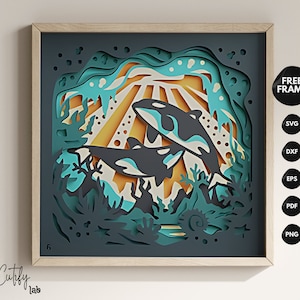Orque baleine 3D Shadow Box SVG, scène de la faune océanique en couches, art marin bricolage papier découpé, modèle Cricut Shadow Box, caisson lumineux en bois