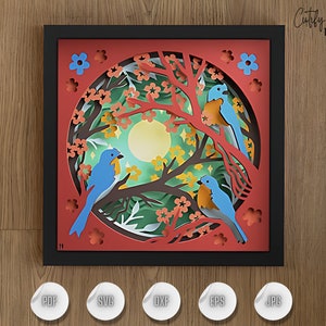 Papier cartonné Lightbox oiseau pour Cricut, modèle de boîte à ombres oiseau SVG, oiseau fleurs et soleil 3D SVG Shadowbox