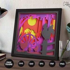 Boîte À Ombre Coq De Ferme 3D SVG, Lever Du Soleil Campagne, Découpe Papier Rustique, Décor Champêtre, Projet Cricut