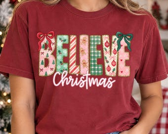 Believe Christmas PNG, Pink and Green Patchwork Lettering with Bows