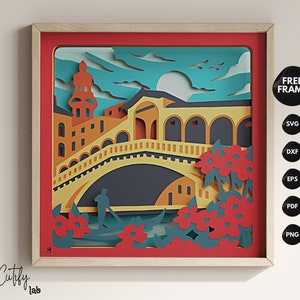 Venezia Italia 3D Shadow Box Bridge SVG, Scena di paesaggio di Sakura a strati, Arte fai da te del giardino giapponese ritagliata sulla carta, Modello di Shadow Box Cricut