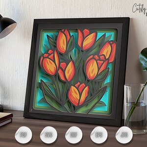 Caja de sombras 3D con flores en un jarrón, proyecto de cartulina en capas para Cricut, plantilla SVG de ramo de flores