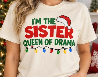 Christmas Sister Shirt Design, Funny Christmas Quote with Santa Hat and Lights