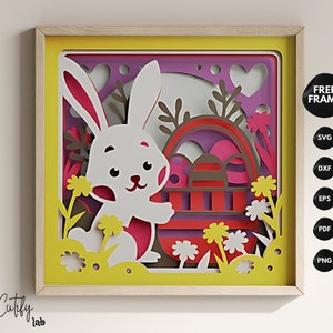 Panier d'oeufs de lapin de Pâques 8 x 8 boîte d'ombre, sphère de papier en forme de tranche de boîte à lumière Papercut 3D, lampe 3D svg, veilleuse de Pâques