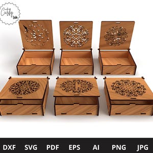 Caixa cortada a laser com tampa flip-up - Caixa de armazenamento - 6 caixas diferentes - 6 designs de mandala diferentes - Arquivos de corte a laser Glowforge SVG.