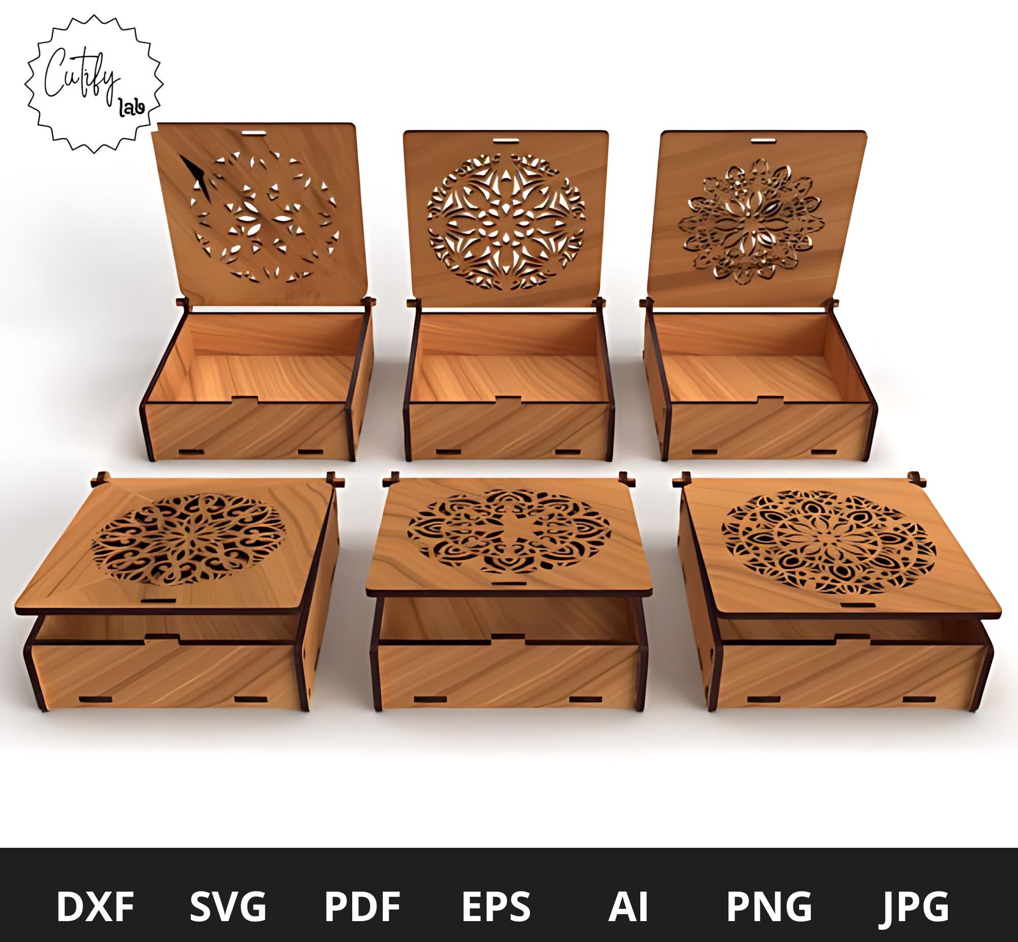 Laser Cut Box With Flip Up Lid - Storage Box - 6 Different box - 6 Different Mandala Design  - Laser Cutting Files Glowforge SVG.