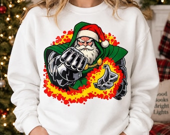 Armored Santa PNG, Comic Book Christmas Character with Energy Blast